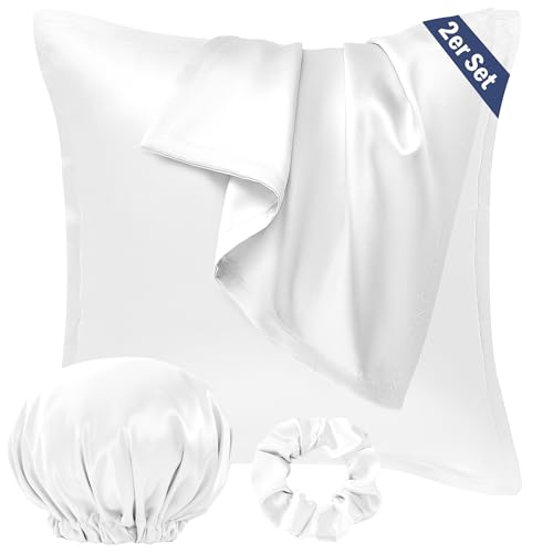 Seiwohl Satin Kissenbezug 80x80, 2er Set Satin Kopfkissenbezug Pillowcase Kissen Bezug Kissenhülle für Haar und Haut, ähnlich wie Seide, Weiß, mit Haargummi und Haarhaube von Seiwohl