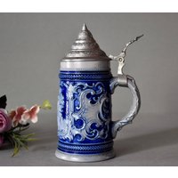 Keramik Bierkrug Vintage Home Decor Rustikaler Deutscher Blauer Keramikbecher von SekulidisAntiques