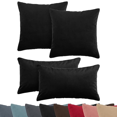 Selfitex 4er Set 30x50 + 40x40 SAMT Sofakissen mit Füllung und Bezug, Dekokissen mit Velourbezug, Samtkissen, Dekoratives Couchkissen, weiches Zierkissen, modisches Kopfkissen (Lavaschwarz) von Selfitex