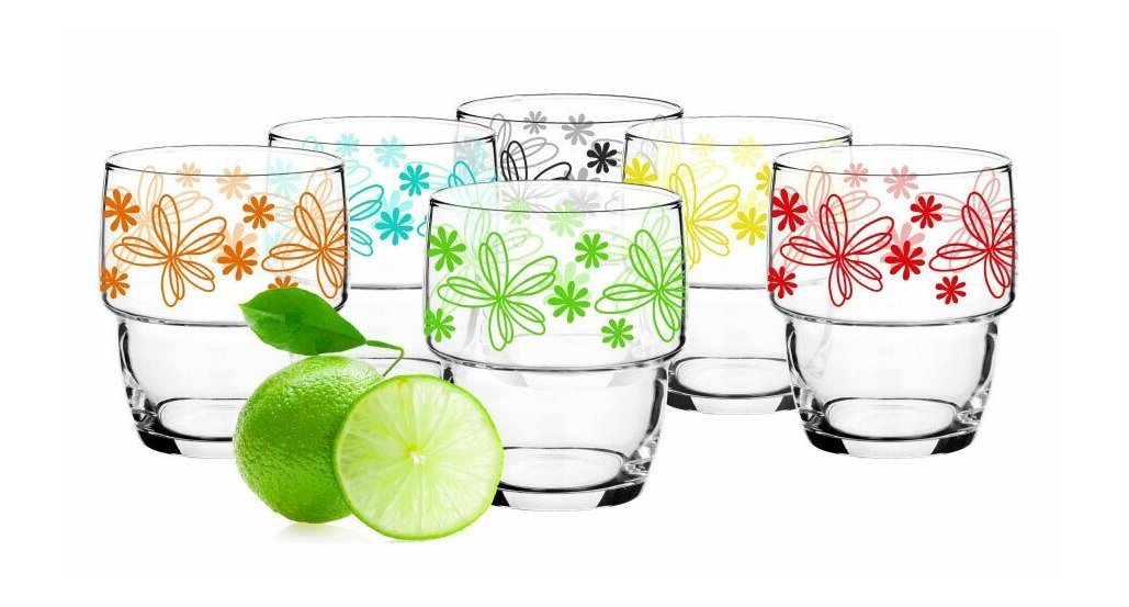 Sendez Gläser-Set 6 Stapelbare Trinkgläser 250ml Saftglas Wasserglas mit Blumen-Motiv von Sendez