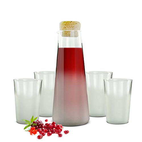 Sendez Glaskaraffe 1L mit Korkdeckel und 4 Gläser 250ml Wasserkaraffe Weinkaraffe Dekanter Saftgläser Milchglas von Sendez