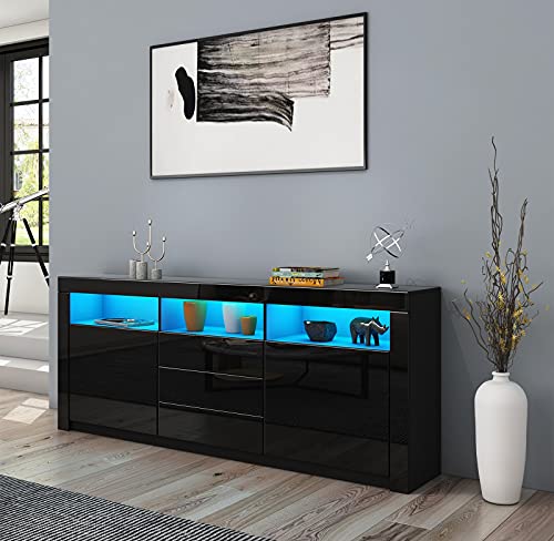 Senvoziii Sideboard Hochglanz Matt Anrichte Schrank mit 2 Türen 3 Schubladen & LED Beleuchtung TV Lowboard Für Esszimmer Wohnzimmer Möbel Schwarz von Senvoziii