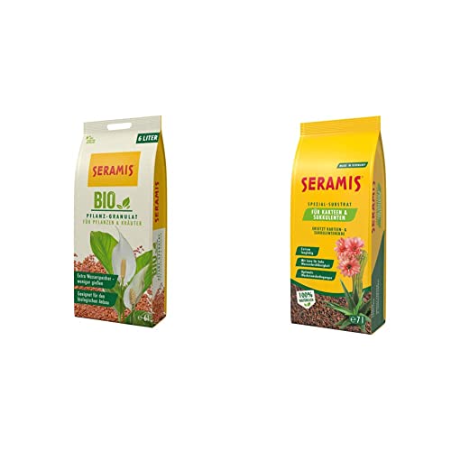 Seramis Bio-Pflanz-Granulat für Pflanzen und Kräuter, 6 l & Spezial-Substrat für Kakteen und Sukkulenten, 7 l – Pflanzen Tongranulat, Kakteenerde Ersatz zur Wasser- und Nährstoffspeicherung von Seramis