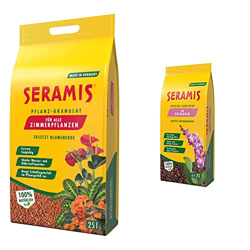Seramis Pflanz-Granulat für alle Zimmerpflanzen, 25 l – Pflanzen Tongranulat & Spezial-Substrat für Orchideen, 7 l – Orchideensubstrat mit Tongranulat und Pinienrinde,Gelb von Seramis