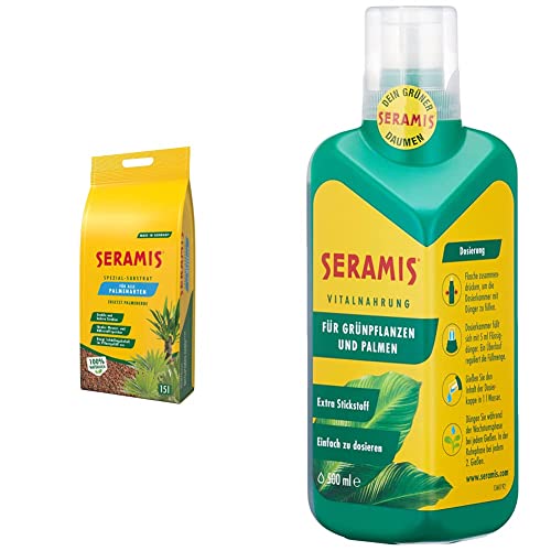 Seramis Spezial-Substrat für Palmen, 15 l & 730413 Vitalnahrung für Grünpflanzen und Palmen, 500 ml – Pflanzendünger für optimales Wachstum, Flüssigdünger mit praktischer Dosierhilfe von Seramis