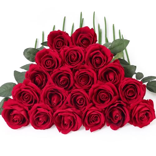 Serwalin 𝟮𝟬 𝙎𝙩𝙪̈𝙘𝙠 künstliche Seidenrosen, roter Samt realistische Rosen, gefälschte Rosen Real Touch Bouquet Langen Stiel für Valentinstag Home Decor Hochzeit und Tisch Centerpiece Muttertag von Serwalin