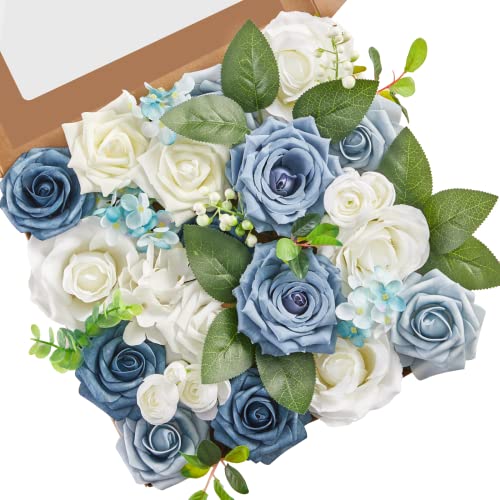 Serwalin künstliche Blumen blau gefälschte Seidenschaum Hochzeit Blumen für Brautstrauß weiße Rosen mit Stielen für Home Party Dekoration Faux Blume Tisch Centerpieces Arrangements von Serwalin