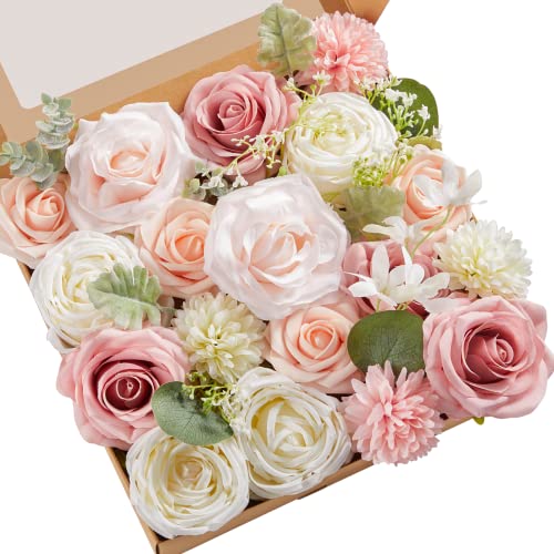 Serwalin künstliche Blumen gefälschte Blumen für DIY Hochzeit Sträuße Kuchen Dekoration gemischte Rosen Combo erröten rosa und weißen Blumen Centerpieces Arrangements für Party-Tabelle von Serwalin