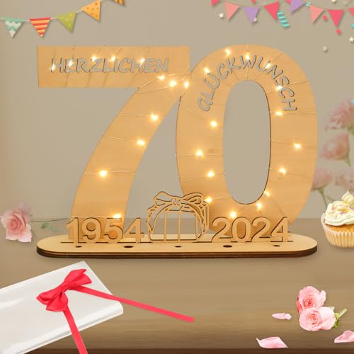 Seutgjie 2024 Geldgeschenke Geburtstag 70 Geburtstagszahlen Holz Schild Gästebuch mit LED Lichterkette Ständer und Kerzenhalter für 70 Jahre Mann Frau für Hochzeit Jubiläum Tischdeko 1954-2024 von Seutgjie