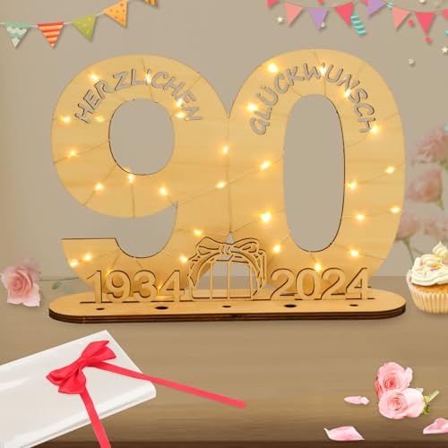 Seutgjie 2024 Geldgeschenke Geburtstag 90 Geburtstagszahlen Holz Schild Gästebuch mit LED Lichterkette Ständer und Kerzenhalter für 90 Jahre Mann Frau für Hochzeit Jubiläum Tischdeko 1934-2024 von Seutgjie