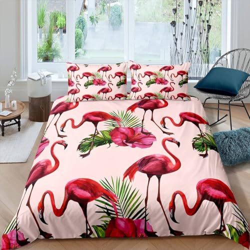 Sezhiqeu Roter Flamingo Bettwäsche 140x200, 3D Muster Weich Mikrofaser Bettwäsche Set Flamingo Tropische Pflanzen Bettbezug + 2 Kissenbezug 80x80 cm mit Reißverschluss E-1484 von Sezhiqeu