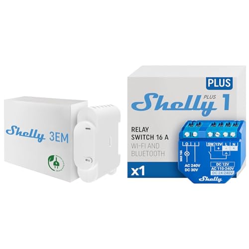 Shelly 3EM intelligenter 3-Phasen-WLAN Energiezähler und Schützsteuerung & Plus 1 Smart Home Relais Schalter, Digitale Steuerung von elektronischen Geräten per kostenloser App & WLAN von Shelly