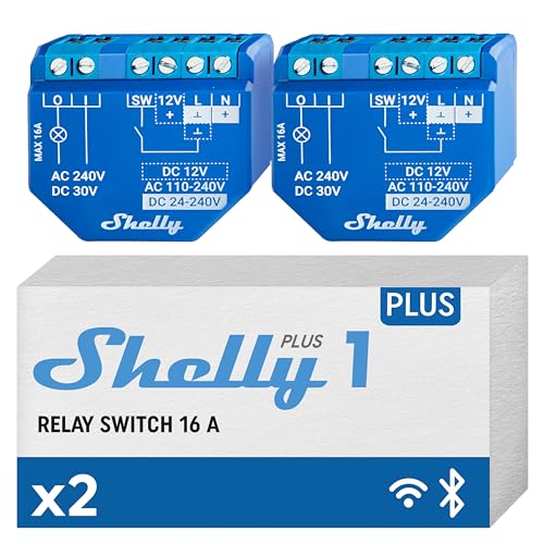 Shelly Plus 1 | WiFi & Bluetooth Smart Relais Schalter | Hausautomation | Alexa & Google Home kompatibel | iOS Android App Kein Hub nötig Beleuchtungssteuerung DIY Fernsteuerung Garagentor (2 Pack) von Shelly