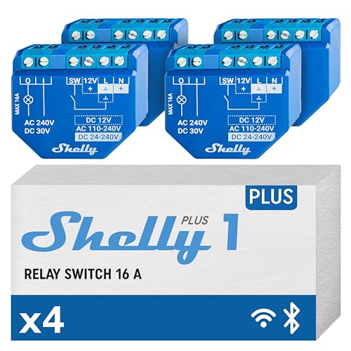 Shelly Plus 1 | Wlan & Bluetooth Smart Relais Schalter | Hausautomation | Alexa & Google Home kompatibel | iOS Android App Kein Hub nötig Beleuchtungssteuerung DIY Fernsteuerung Garagentor (4 Pack) von Shelly
