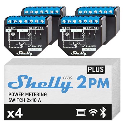 Shelly Plus 2PM | Wlan & Bluetooth 2 Kanäle Smart-Relais-Schalter mit Leistungsmessung | Hausautomation | Rolläden Fernbedienung | Alexa & Google Home | iOS Android App (4Pack) von Shelly