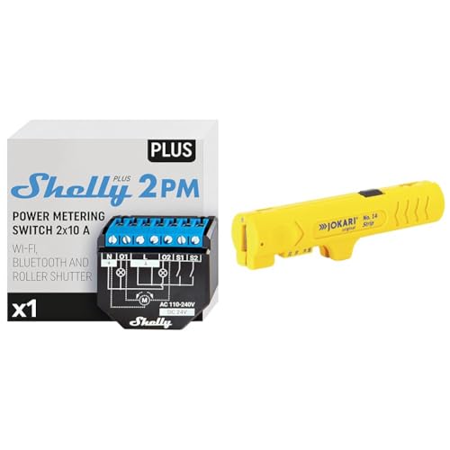 Shelly Plus 2PM | Wlan & Bluetooth 2 Kanäle Smart Relais Schalter mit Leistungsmessung & JOKARI T30140 Entmanteler Strip No. 14 für PVC Kabel mit ø 44299 mm von Shelly