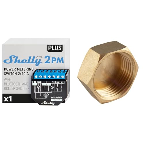 Shelly Plus 2PM | Wlan & Bluetooth 2 Kanäle Smart Relais Schalter mit Leistungsmessung & konst-install Messing Kappe 3/8 Zoll (Ø 15mm) Innengewinde, Rohrkappe IG mit Sechskant von Shelly