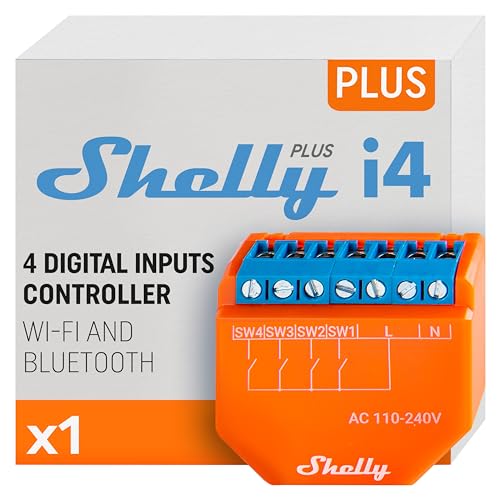 Shelly Plus i4 Smart Home 110-240V, 4 Eingänge, digitales steuern von mehreren Shelly Geräten, kompatibel mit Alexа, WiFi & Bluetooth, Einbau hinter Unterputz Wandschalter, Orange von Shelly