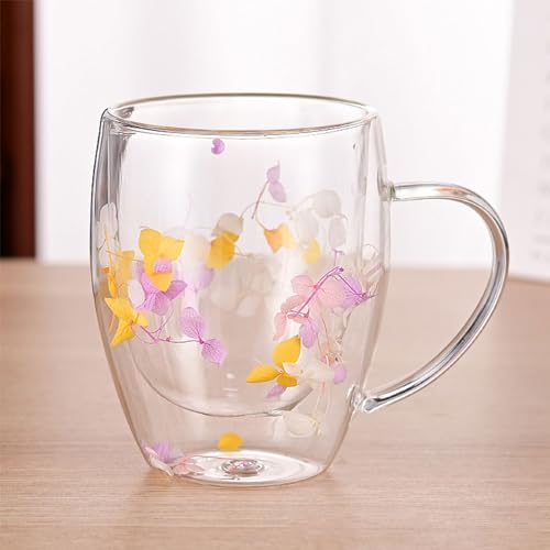 Doppelwandige Gläser mit Blumen | 350ML Klare Isolierte Kaffeetasse mit Henkel | Heiße Tasse Glastasse mit Blumen | Doppelwandige Kaffeegläser für Heiße oder Kalte Getränke von Shichangda