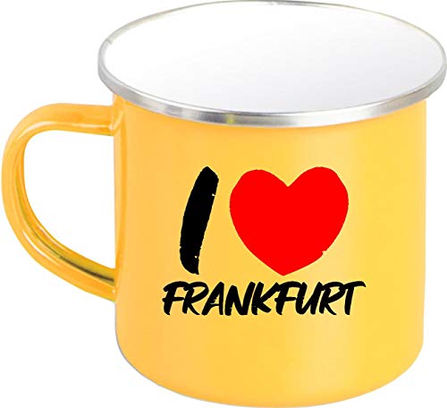 ShirtInStyle Emaille Kaffeepott Tasse I Love Frankfurt, Kaffeetasse Becher Retro Camping, Farbe Gelb von ShirtInStyle