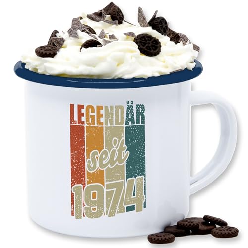 Emaille Tasse Blechtasse - 50. Geburtstag - Legendär seit 1974-300 ml - Weiß Blau - zum 50 50iger jahre geschenk 50.geb 50th birthday fifty (50) 50er für 50zigster 50ter 50ten 50ziger 50ger von Shirtracer