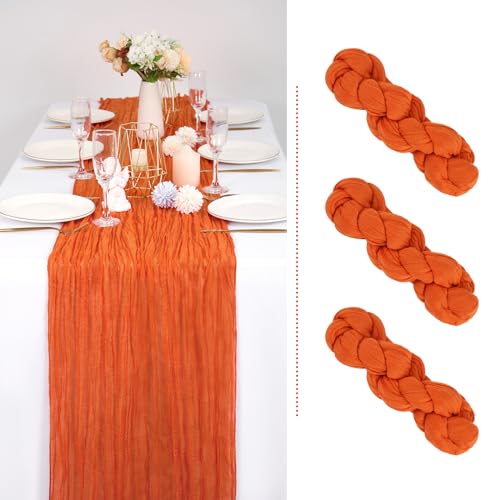 Showgeous 3er-Pack orangefarbener Käsetuch-Tischläufer, Gaze-Tischläufer, 300 cm lang, halbdurchsichtiger Tischläufer, Boho- oder rustikale Hochzeits-Tischdekoration für Brautparty, Feiertagsparty von Showgeous