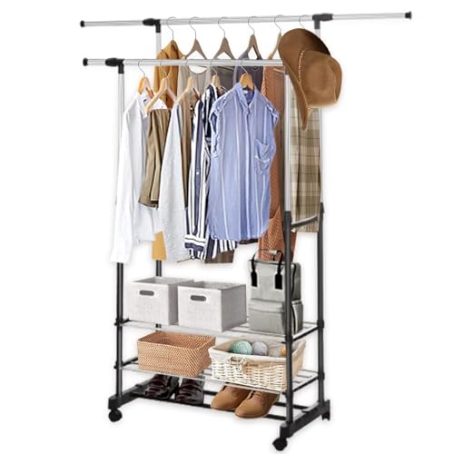 Shoze Kleiderstange Kleiderständer auf Rollen Metall Rollgarderobe Garderobenständer Ausziehbar Breite 83-145cm Höhe 95-160cm Garderobenstange für Schlafzimmer Schwarz von Shoze