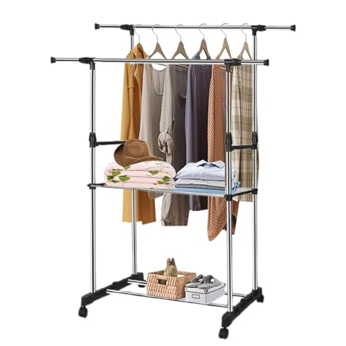 Shoze Kleiderstange Kleiderständer auf Rollen Metall Rollgarderobe Garderobenständer Ausziehbar Breite 92-146cm Höhe 94-160cm Garderobenstange für Schlafzimmer Schwarz von Shoze