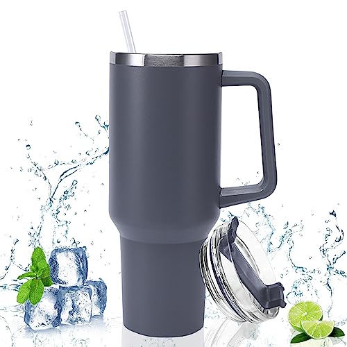 Doppelwandiger Edelstahl Vakuum Isolierbecher 40oz 1200ml Tragbare Autobecher Becher Tumbler mit Griff und Strohhalm Kaffeebecher Autobecher Reisebecher Thermobecher Für Kalte Heiße Getränke (grau) von Shunfaji