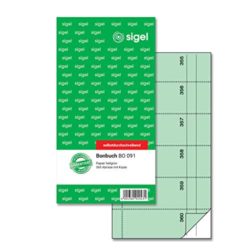 SIGEL BO091 Bonbuch Bonblock, 360 Abrisse grün, 10,5 x 20 cm, 2x60 Blatt, selbstdurchschreibend von Sigel