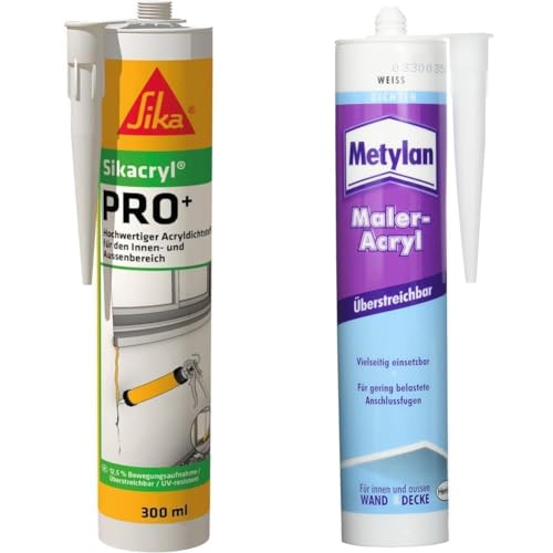 Sikacryl – Acryldichtstoff – Sikacryl PRO+ Weiß & Metylan Maler-Acryl Wand & Decke, für innen und außen, für bewegungsarme Fugen, einfache Handhabung, überstreichbar, Weiß, 1x300ml von Sika