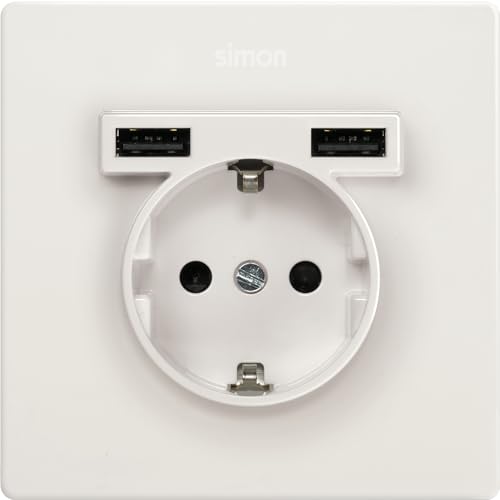 SIMON - Einbausteckdose mit zwei USB-Ladegeräten Typ A weiß, Serie Simon 270, 16A, 2.1A, flache und dünne Wandstecker, einfach zu installieren, inkl. Rahmen, Deckel und Mechanik, weiß von Simon