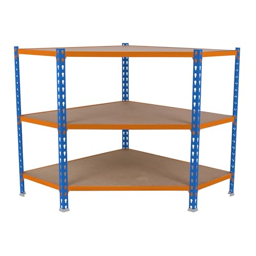 SimonRack Eckregal aus Metall, ohne Schrauben, 3 Regalböden, Holz, hohe Tragkraft 200 kg, 900 x 900 x 300 mm, Garagenregal, Blau/Orange/Holz von Simonrack