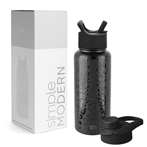 SIMPLE MODERN Wasserflasche mit Trinkhalm Wasserflasche mit Kippverschluss | Isolierte Edelstahl-Thermoskanne für den Sport Fitnessstudio | Summit Sammlung | 1L | Black Leopard von Simple Modern
