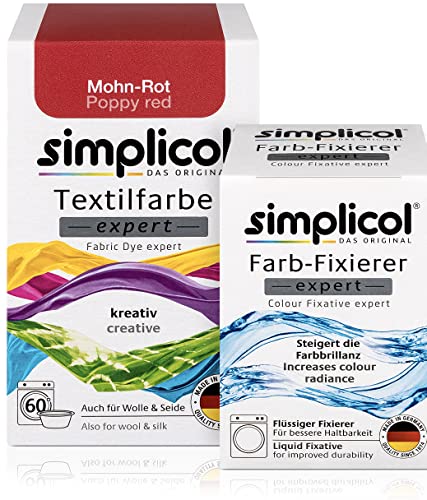 simplicol Textilfarbe expert + Farbfixierer Kombipack, Mohn-Rot 1703: Farbe für Waschmaschine oder manuelles Färben von simplicol