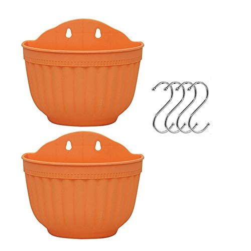 Set von 2 Stück hängenden Pflanzgefäßen für den Außenbereich, Wandbehang aus Kunststoff, Blumentopf für Balkon, Zaun, Wandmontage, Pflanzgefäße mit Drainage und 4 Haken (orange + orange) von BULZEU