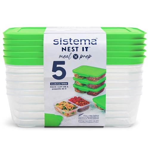 Sistema NEST IT Frischhaltedosen Meal Prep Boxen, 870 ml, luftdichte Vorratsdosen mit Fächern und Deckel, BPA-Frei, Grün, 5 Stück von Sistema