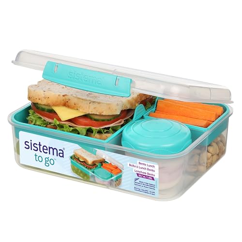 Sistema Bento Box TO GO Brotdose mit Fächern | 1,65 L Lunchbox mit Joghurt- /Fruchtbehälter | für Kinder & Erwachsene | BPA-frei | Blaugrün von Sistema
