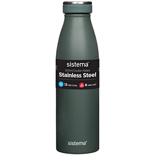 Sistema Hydrate Edelstahl-Wasserflasche | 500 ml auslaufsichere, wiederverwendbare Flasche | Phthalat- & BPA-frei | doppelwandige Vakuumisolierung | hält 12 Std kühl o. 6 Std warm | farblich sortiert von Sistema