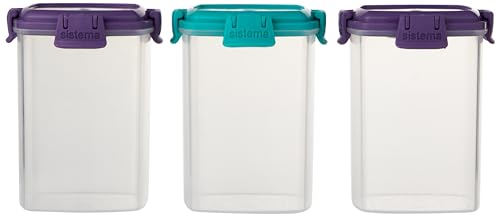 Sistema Medium Knick Knack Pack TO GO | Stapelbare Aufbewahrungsbehälter mit Deckeln | 138 ml | BPA-frei | Grüne, blaue und violette Deckel | 3 Stück von Sistema