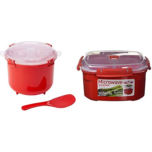 Sistema Microwave Reiskocher, 2,6 l, rot/transparent & Microwave Dampfgarer, mittelgroß mit herausnehmbarem Korb, 2,4 l, rot/transparent von Sistema