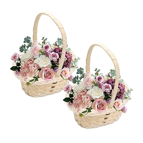 Rustikaler Blumenmädchen Korb Hochzeit Blumenkörbe Mini Blumenmädchen Korb Körbchen mit henkel körbchen Weidenkorb mit Henkel Geflochtener Blumenkorb Hochzeit Deko Party Dekoration (Oval-2pcs) von Skeadex