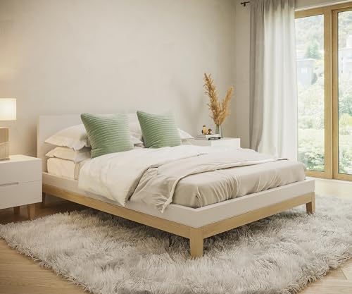 skølm Freyr Bett 140x200 cm, Holzbett weiß/Natur Scandi Style, Doppelbett aus Birke, Bettgestell mit Kopfteil, Maße: H 83 x B 146 x T 206 cm von Skolm