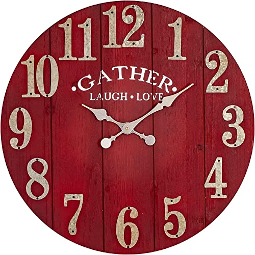 SkyNature Wanduhr Große, 60cm Shabby Chic Vintage Wanduhr mit Metall Ziffern, Leise Ohne Tickgeräusche Batteriebetrieben Holz Wanduhr, Dekor Wanduhr für Schlafzimmer, Wohnzimmer, Küche, Büro - Rot von SkyNature