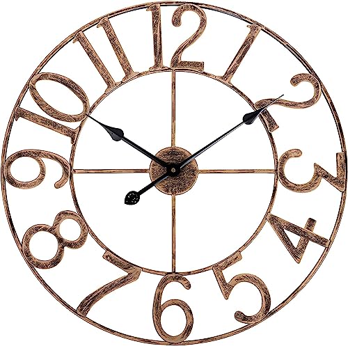 Wanduhr Große, Vintage Metall Dekorative Wanduhr, Leise Ohne Tickgeräusche Runde Hängeuhr, Industrie Analog Wanduhr für Wohnzimmer, Küche, Schlafzimmer, Büro - Bronze, 18"/47cm von SkyNature