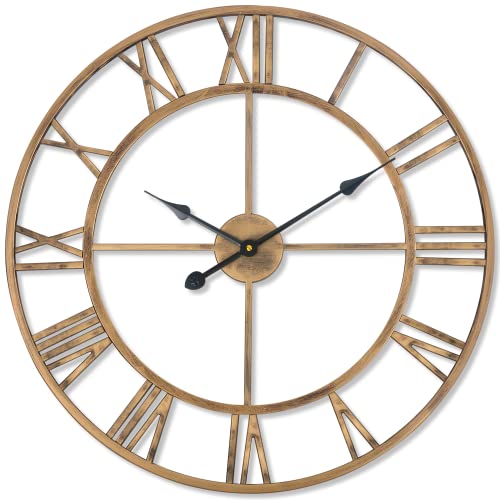 Wanduhr Große, Vintage Metall Dekorative Wanduhr mit Römische Ziffern, Leise Ohne Tickgeräusche Hängeuhr, Industrie Analog Wanduhr für Wohnzimmer, Küche, Schlafzimmer, Büro, Bronze, 24"/60cm von SkyNature