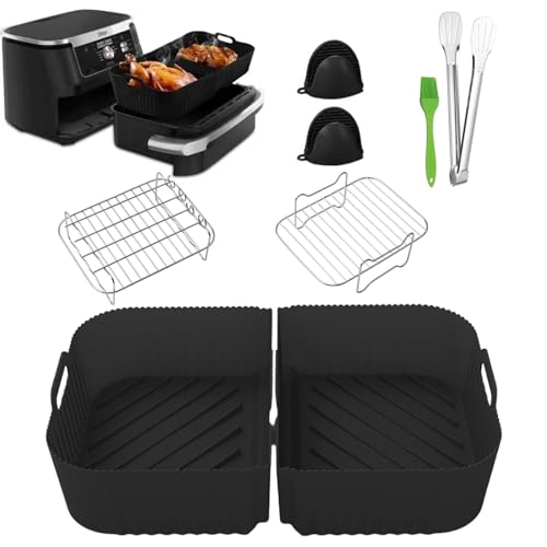 Sleeleece 8-Teiliges Silikonform Heißluftfritteusen Zubehör Set für Ninja Foodi Flexdrawer 10,4 L AF500EU,Fritteuse Silikonmatte + Grill + Handschuhe + Clips + Ölbürste von Sleeleece