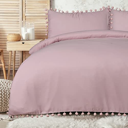 Sleepdown 5056242750482 Bettbezug-Set mit Kissenbezügen mit Pompoms, pflegeleicht, Super-Kingsize-Bett (220 x 260 cm), Polyester, Blush, King von Sleepdown