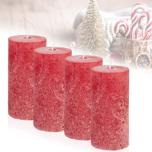 Candelo 4er Set Kerzen Ambiente Rustic Stumpenkerzen - Rot - große Rustik Kerze 12cm - lange Brenndauer ca. 54 Stunden Weihnachtskerzen Adventskranz Unparfümiert von Candelo