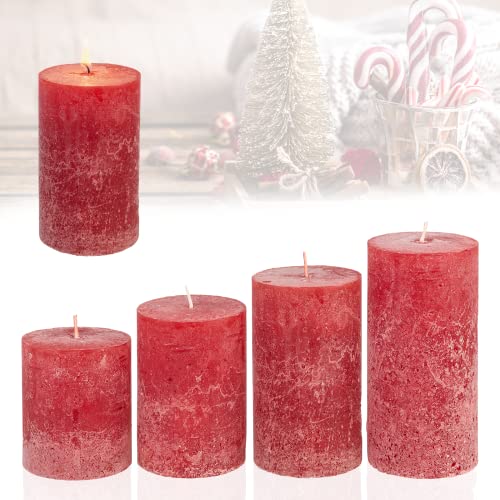 Candelo 4er Set Rustic Stumpenkerzen Ambiente Weihnachten - Rustik Adventskranz Kerze in Rot/Red - 8/10/12/14cm - rote Kerze Advent Weihnachtskerze von Candelo